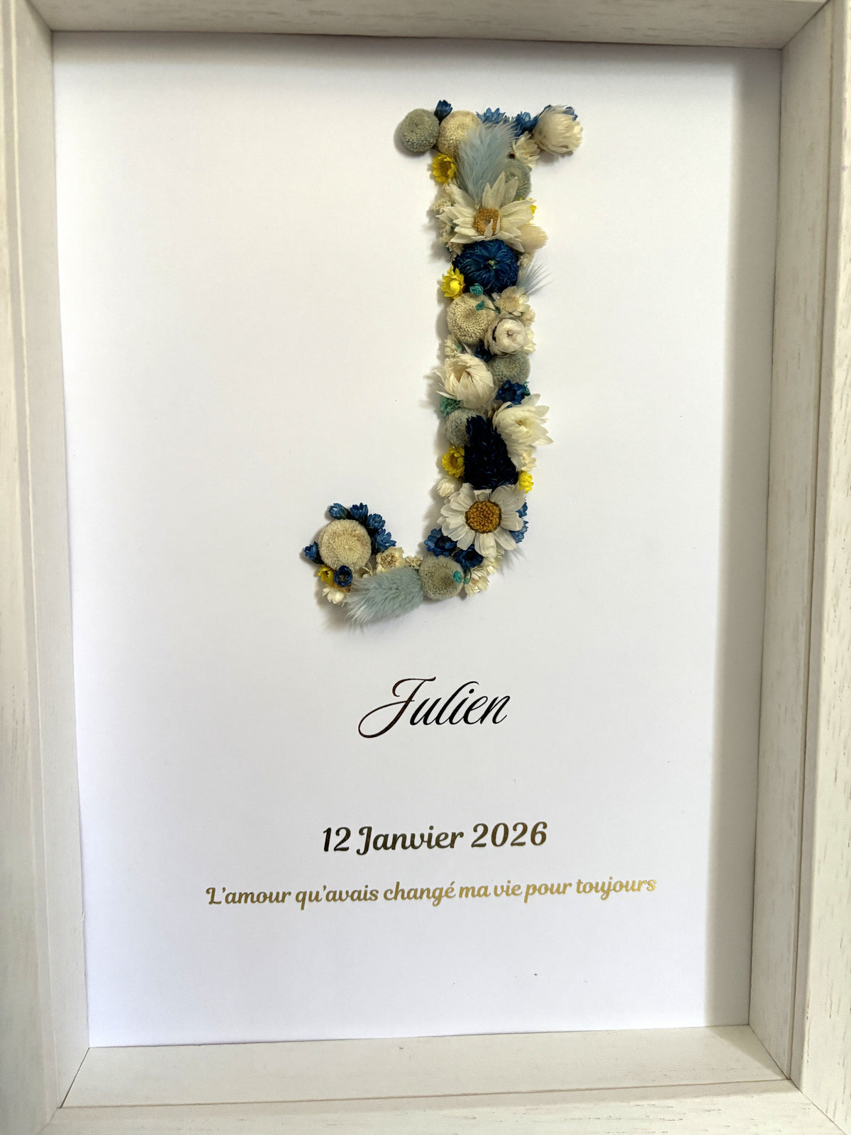 Tableau de naissance personnalisé avec fleurs séchées